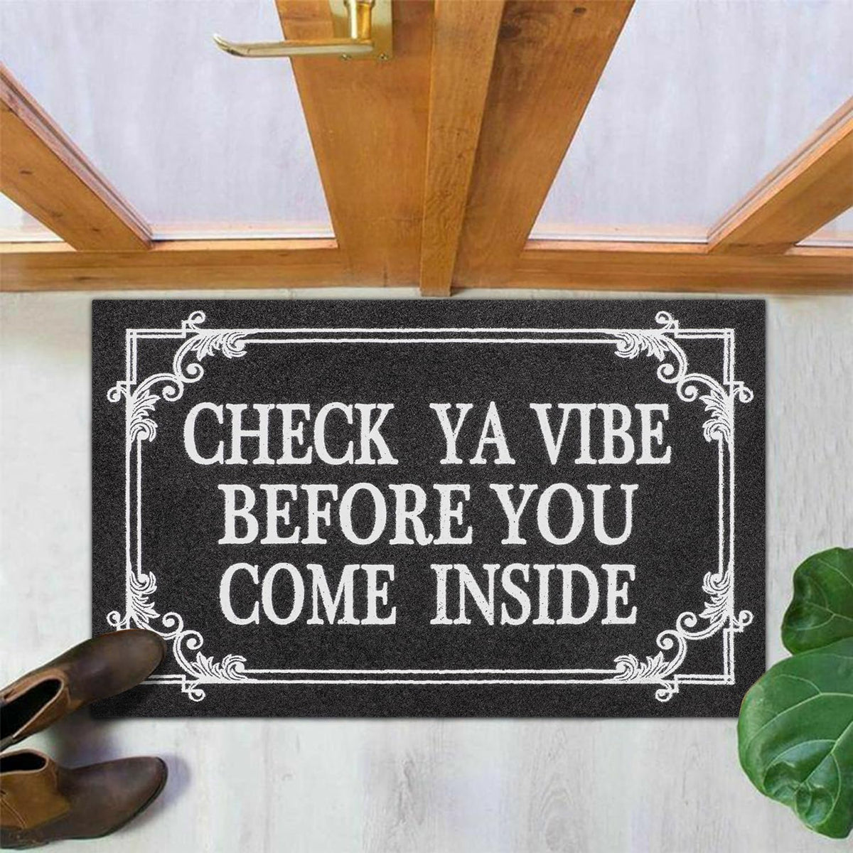 Indoor Door Mat Welcome Mats for Front Door Outdoor Entry Black Doormat, Check Ya Vibe Before You Come Inside This House Doormat, Non Slip Rubber Farmhouse Mats 28" x 18"