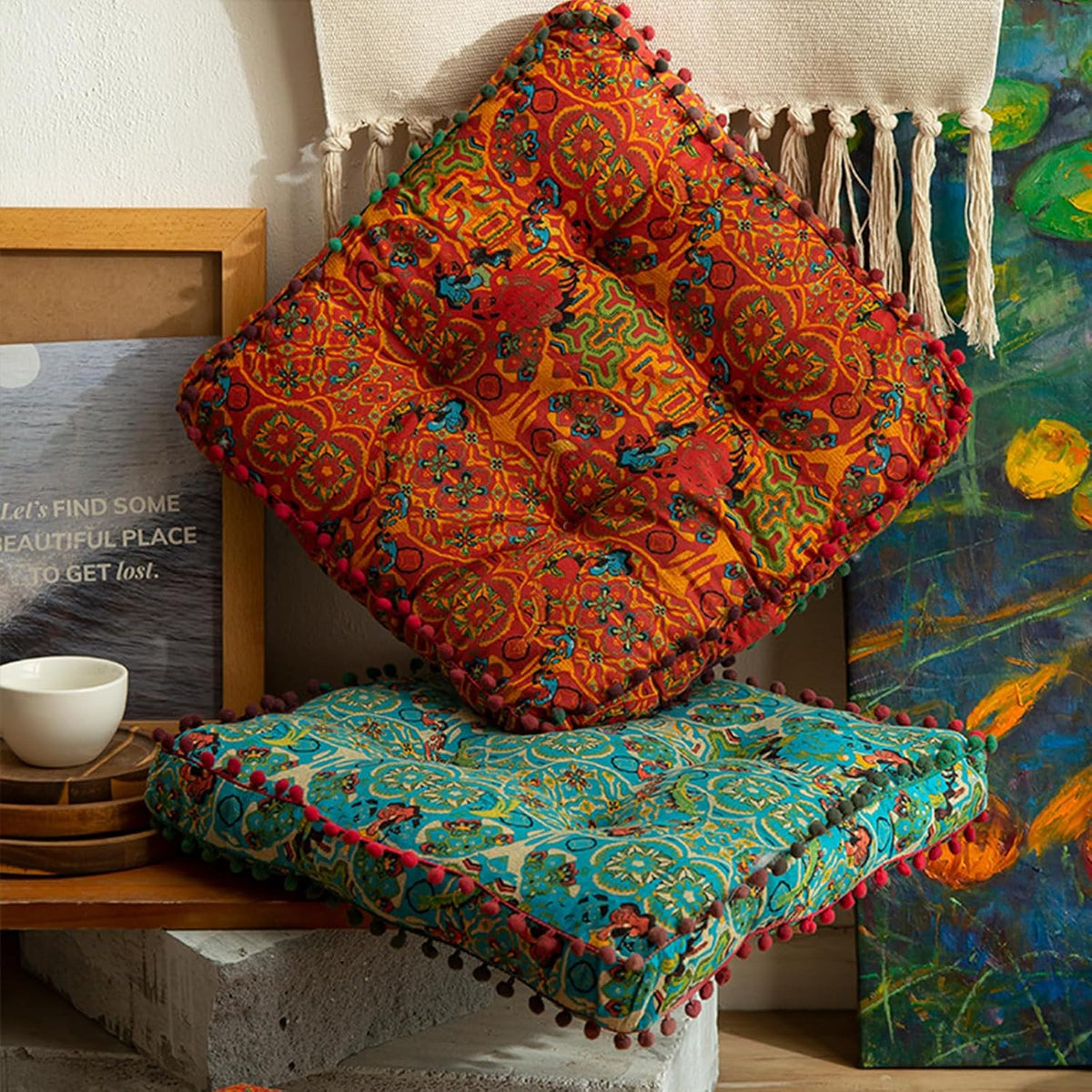 ELEFOCUS Blue Bohemian Seat Cushion,Indoor Boho Chair Cushions for Dining Chairs,Square Chair Pad,Decorative Seat Cushions for Kitchen Chairs (Blue Square A 16X16)