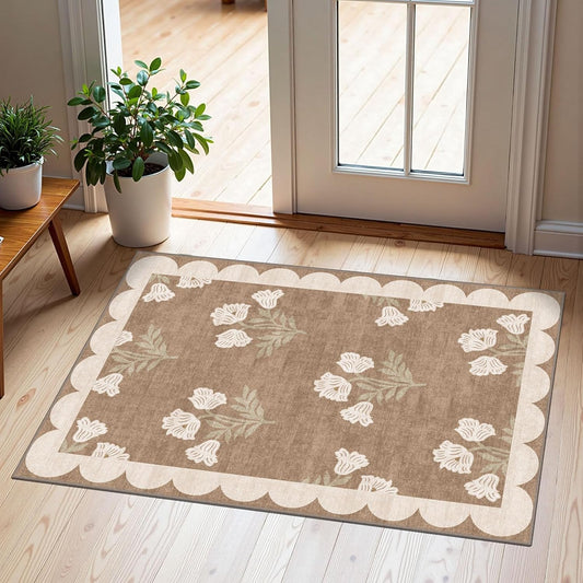 Front Door Mat Outside Entrance - 2x3 Floral Non-Slip Washable Doormat Indoor Outdoor Mat Tan Neutral Farmhouse Scalloped Entry Rug Small Throw Rugs for Entryway Kitchen Front Porch Decor