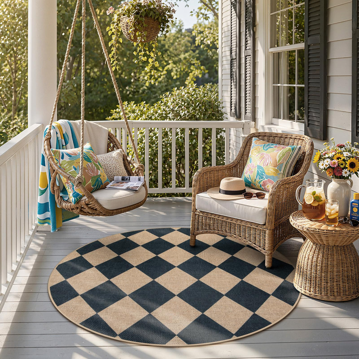 Lahome Checkered Easy Jute 3x5 Entryway Front Porch Rug, Black Diamond Indoor Outdoor Patio Layering Rug, Washable Farmhouse Neutral Non Slip Non Shedding Door Carpet for Backyard Blacony