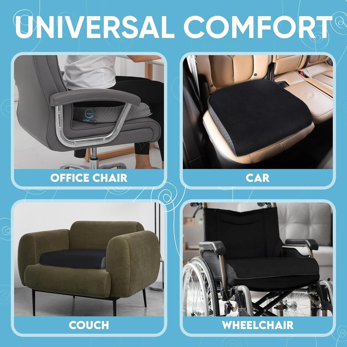 Large Seat Cushion (19” x 17” x 3”) Memory Foam for Office Chair, Wheelchair Cushions, Floor Pillow | Cushion Back Pain Coccyx Pain Relief | Plush Velvet Cover with Carry Handle
