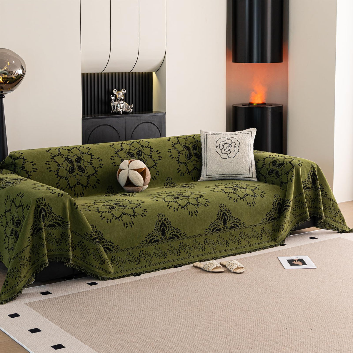 DREAMINGO Green Floral Couch Cover Farmhouse Botanical Jacquard Sofa Covers for 3 Cushion Couch Cozy Chenille Living Room Furniture Futon Sectional Sofa Slipcovers Washable, X-Large 71"x134"
