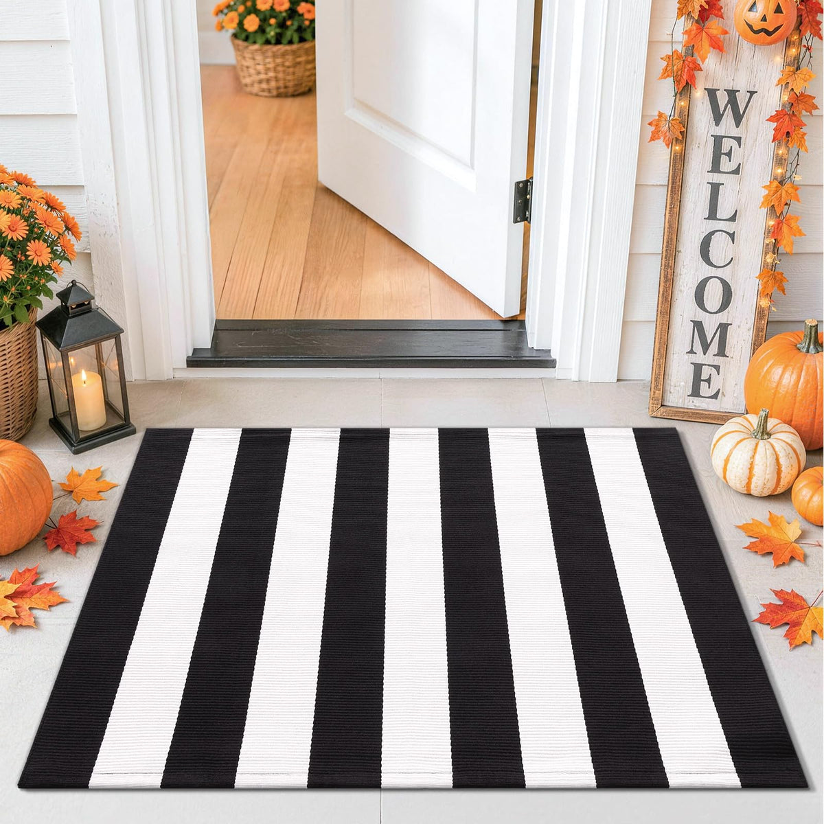 Smiry Black and White Striped Entryway Rug, Front Door Mat and Porch Decor