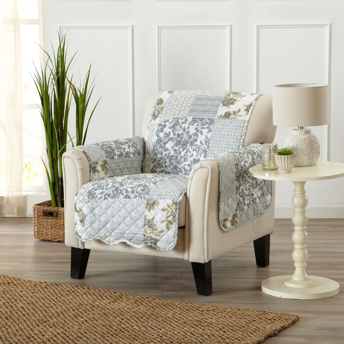 Great Bay Home Reversible Patchwork Sofa Cover - Washable Slipcover Furniture Protector with Elastic Straps - Perfect for Kids & Pets - Box-Stitched Detail (Taupe)