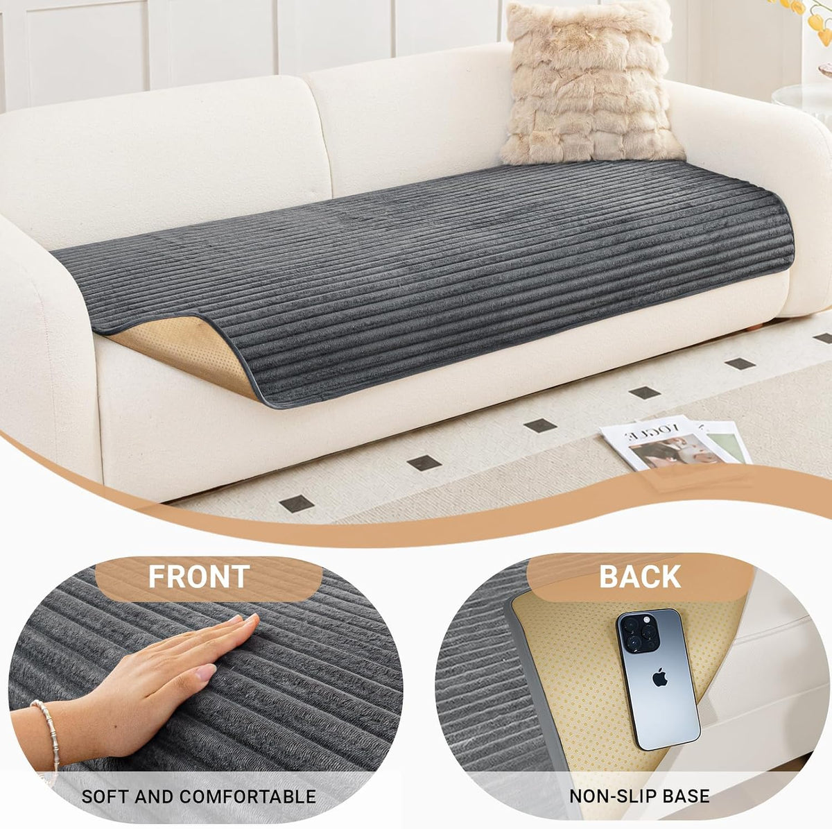 NAISI Couch Covers for Dogs Waterproof Flannel Striped Sofa Cover Pet Friendly Washable Dog Mat for Couch Anti Slip Sectional Sofa Slipcover Protector(2pcs/35"x63"+35"x70",Dark Grey)