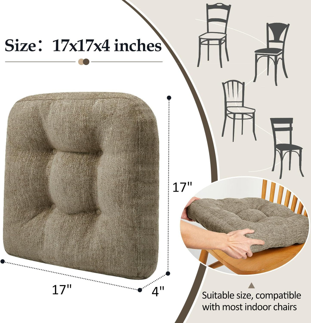 downluxe Chair Cushions for Dining Chairs 4 Pack, Tufted Indoor Chair Pads with Non-Slip Bottom, U-Shaped Kitchen Chair Cushions, 17"x17"x4", Khaki