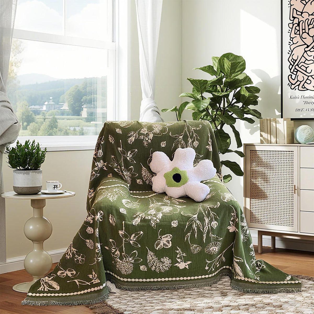 DREAMINGO Green Floral Couch Cover Farmhouse Botanical Jacquard Sofa Covers for 3 Cushion Couch Cozy Chenille Living Room Furniture Futon Sectional Sofa Slipcovers Washable, X-Large 71"x134"