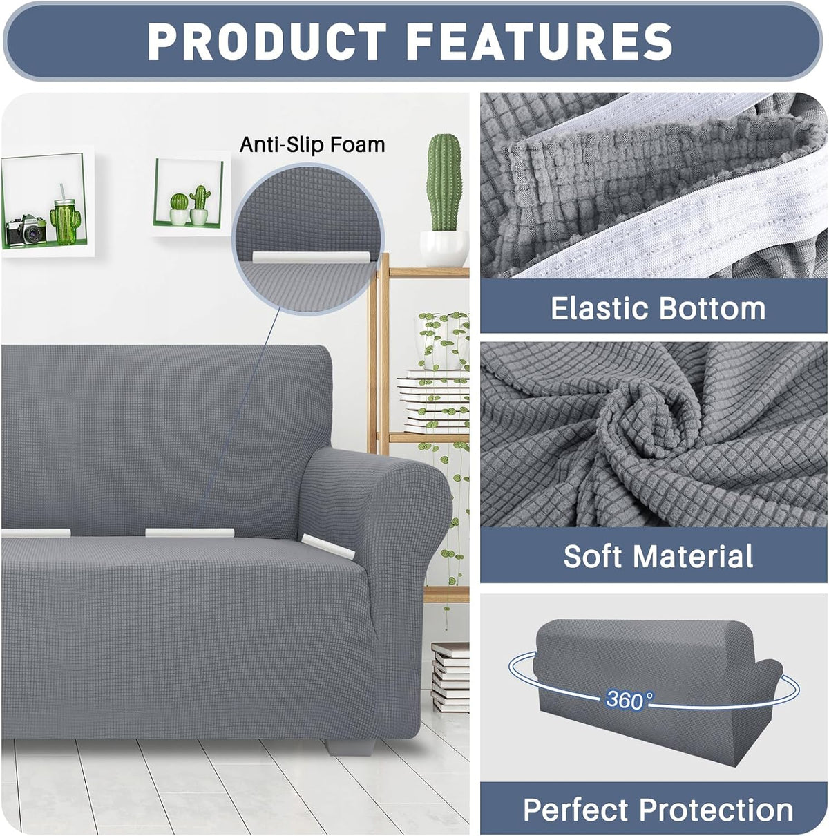 JIVINER High Stretch Couch Covers for 3 Cushion Couch 1-Piece Jacquard Sofa Slipcovers Fitted Washable Sofa Covers with Elastic Bottom Furniture Protector for Kids Pets (Sofa, Light Gray)