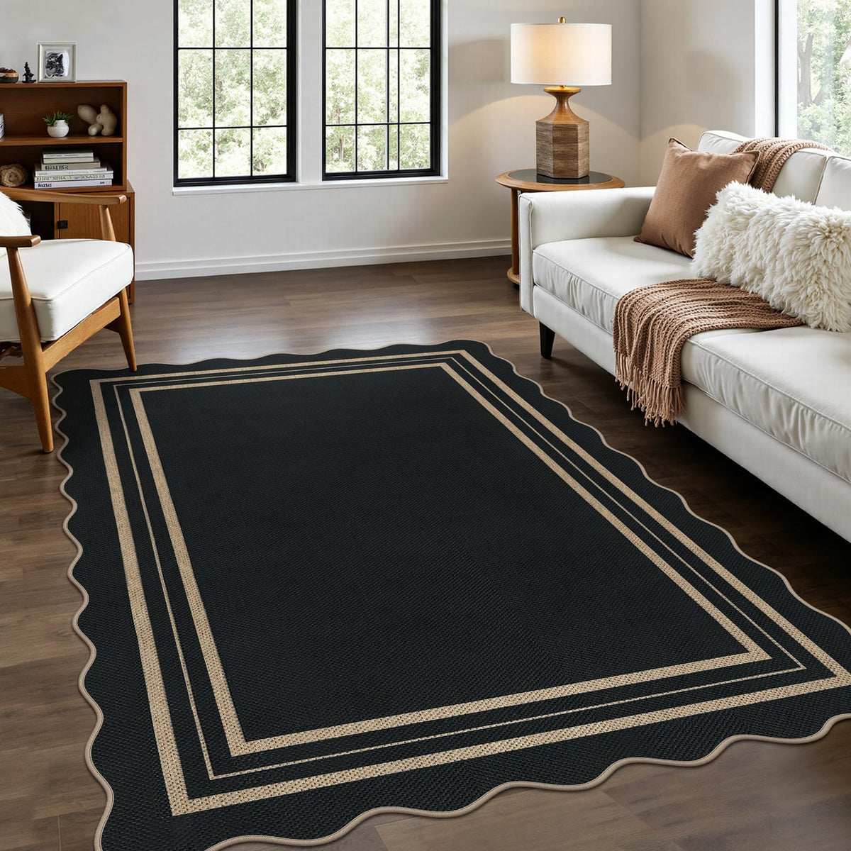 Easy Jute Black Entryway Rug, 2x3 Front Door Mat Washable Non Slip Small Kitchen Rug, Indoor Outdoor Farmhouse Scalloped Doormat for Porch Bathroom Doorway
