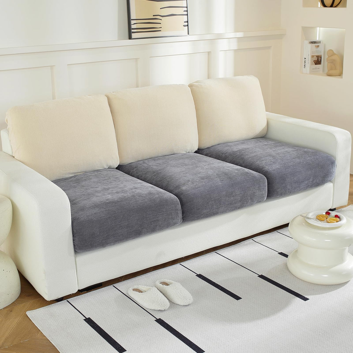 WEYOND Couch Cushion Covers L Shaped Sectional, 3PC Seat Covers, Light Grey