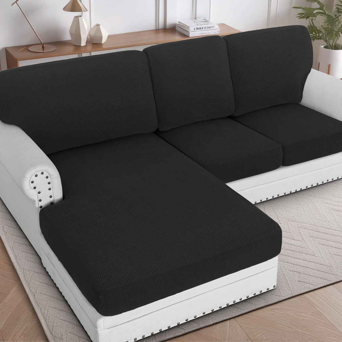 H.VERSAILTEX Sectional Couch Covers 8 Pieces Stretch Sofa Covers for Sectional Sofa Set Separate L Shaped Couch Cover for Both Left/Right Couch (Seat and Back: 1 Chaise + 3 Sofa, Ivory)