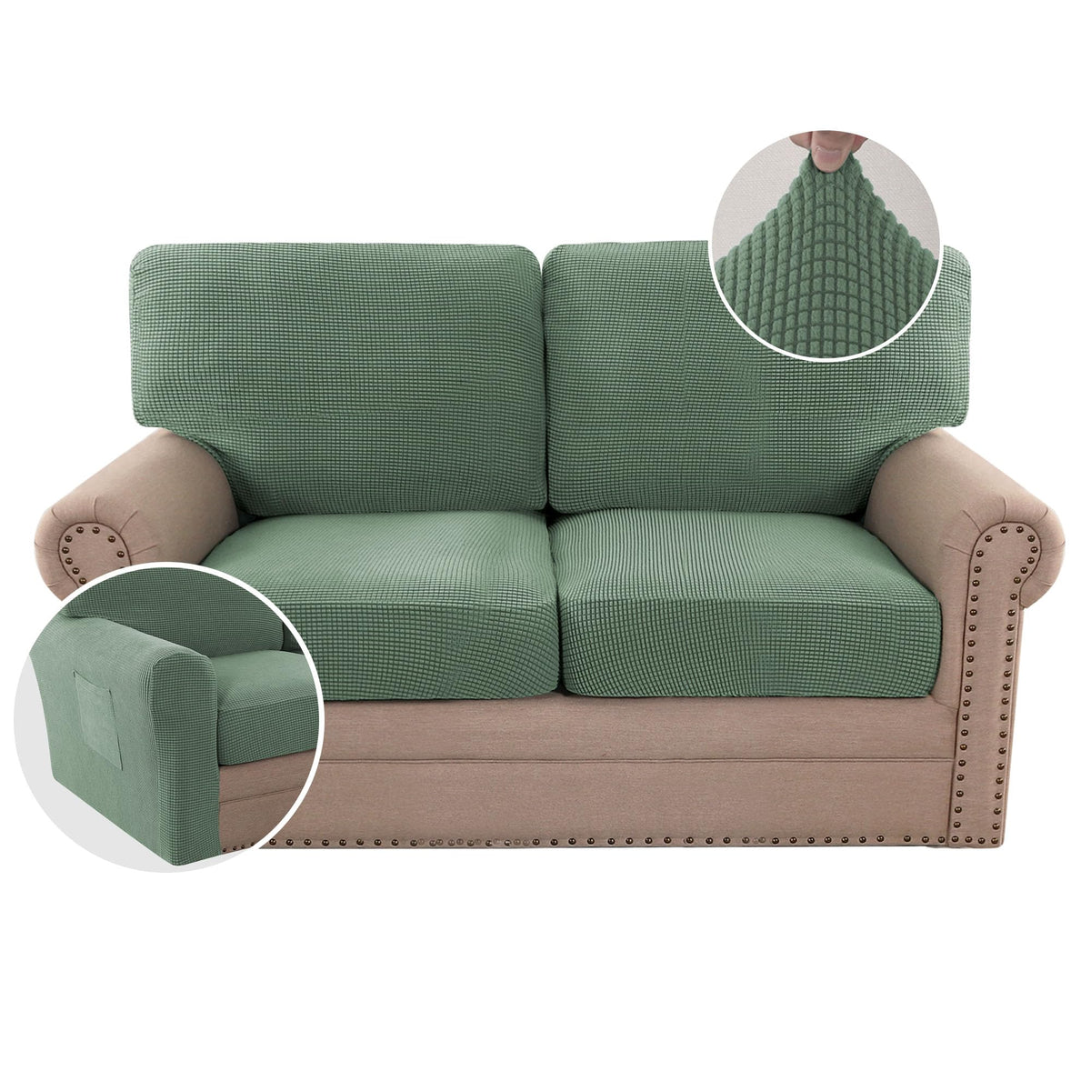 H.VERSAILTEX Multi-Pieces Sofa Covers Stretch Couch Covers Form Fitted Seats and Back Cushions Covers (3 Seat Covers Plus 3 Back Cusion Covers, Bonus 2 Armrest Covers), Sand
