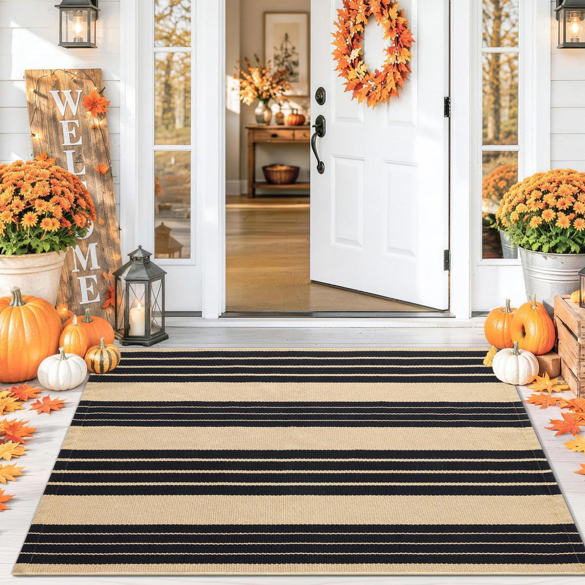 Smiry Black and White Striped Entryway Rug, Front Door Mat and Porch Decor