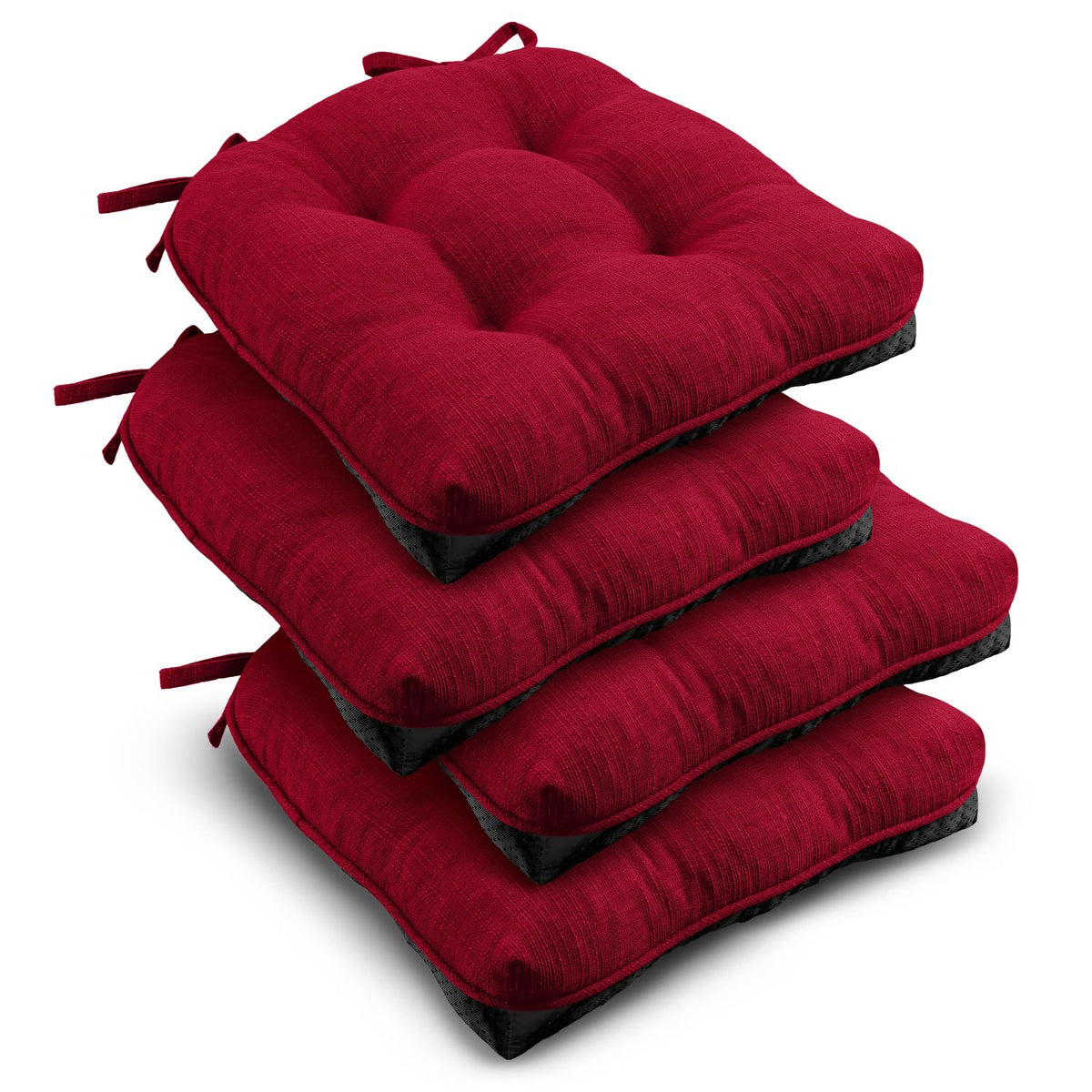 downluxe Indoor Chair Cushions for Dining Chairs, Tufted Overstuffed Textured Foam Kitchen Chair Pads with Ties and Non-Slip Backing, 15.5" x 15.5" x 4", Brown, 4 Pack
