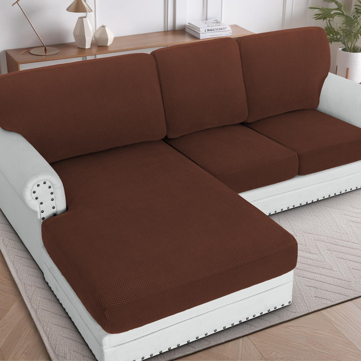 H.VERSAILTEX Sectional Couch Covers 8 Pieces Stretch Sofa Covers for Sectional Sofa Set Separate L Shaped Couch Cover for Both Left/Right Couch (Seat and Back: 1 Chaise + 3 Sofa, Ivory)