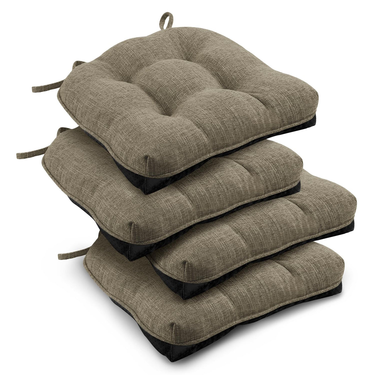 downluxe Indoor Chair Cushions for Dining Chairs, Tufted Overstuffed Textured Foam Kitchen Chair Pads with Ties and Non-Slip Backing, 15.5" x 15.5" x 4", Brown, 4 Pack