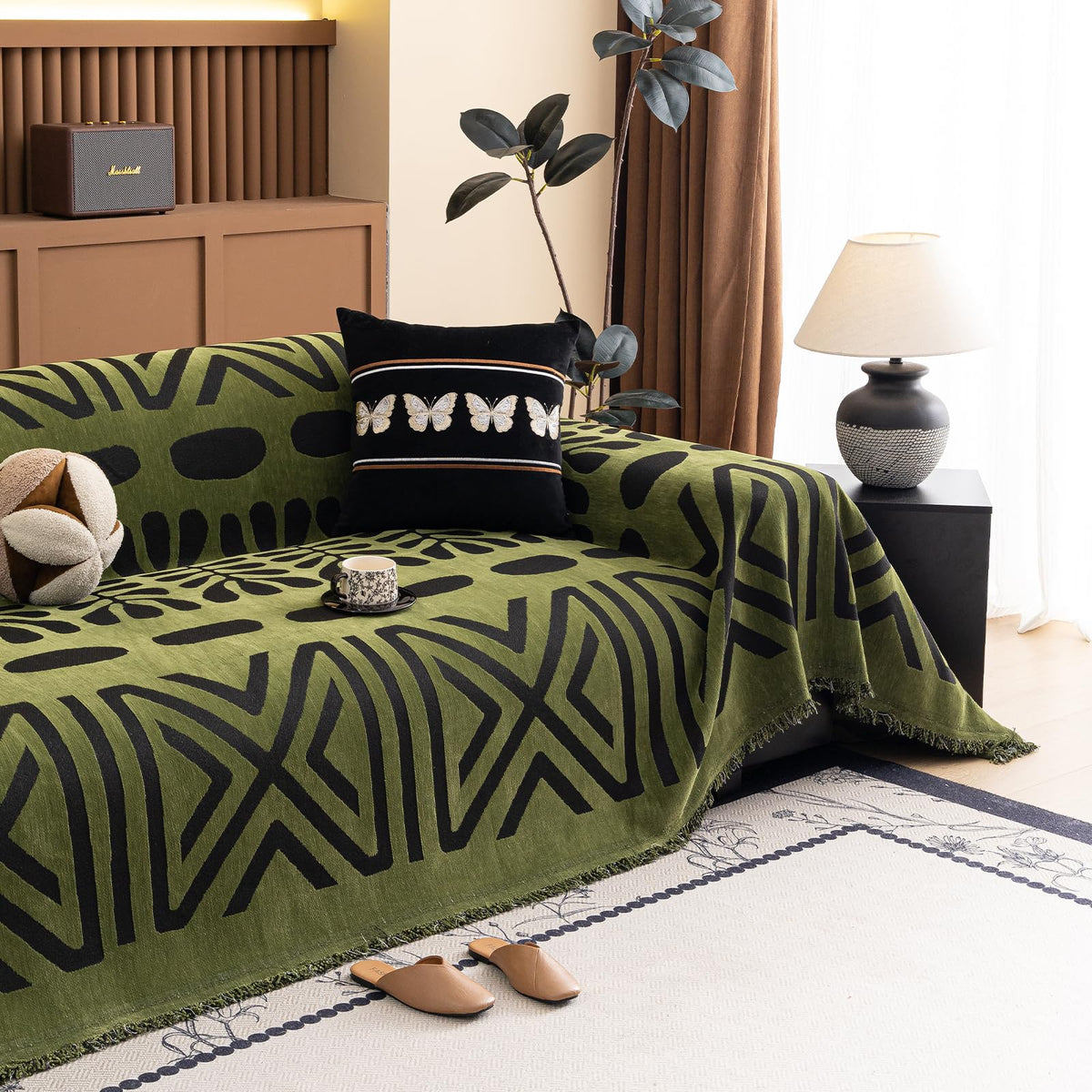 HANDONTIME Green Sofa Cover Vintage Couch Cover for Dogs 71" X118" Couch Cushion Covers with Tassel Herringbone Sofa Cover Boho Sofa Covers for 3 Cushion Couch Chenille Soft Loveseat Sofa Covers