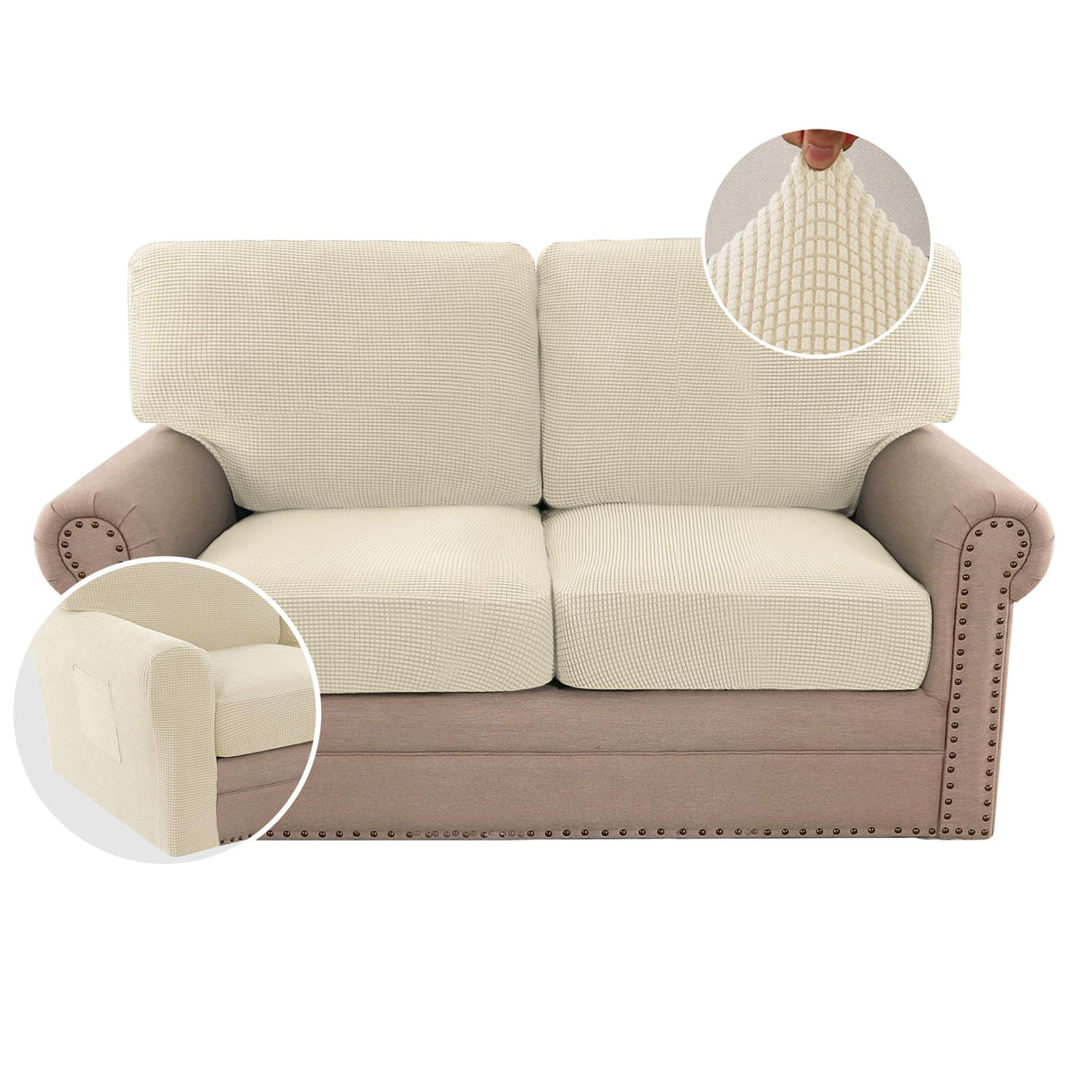 H.VERSAILTEX Multi-Pieces Sofa Covers Stretch Couch Covers Form Fitted Seats and Back Cushions Covers (3 Seat Covers Plus 3 Back Cusion Covers, Bonus 2 Armrest Covers), Sand
