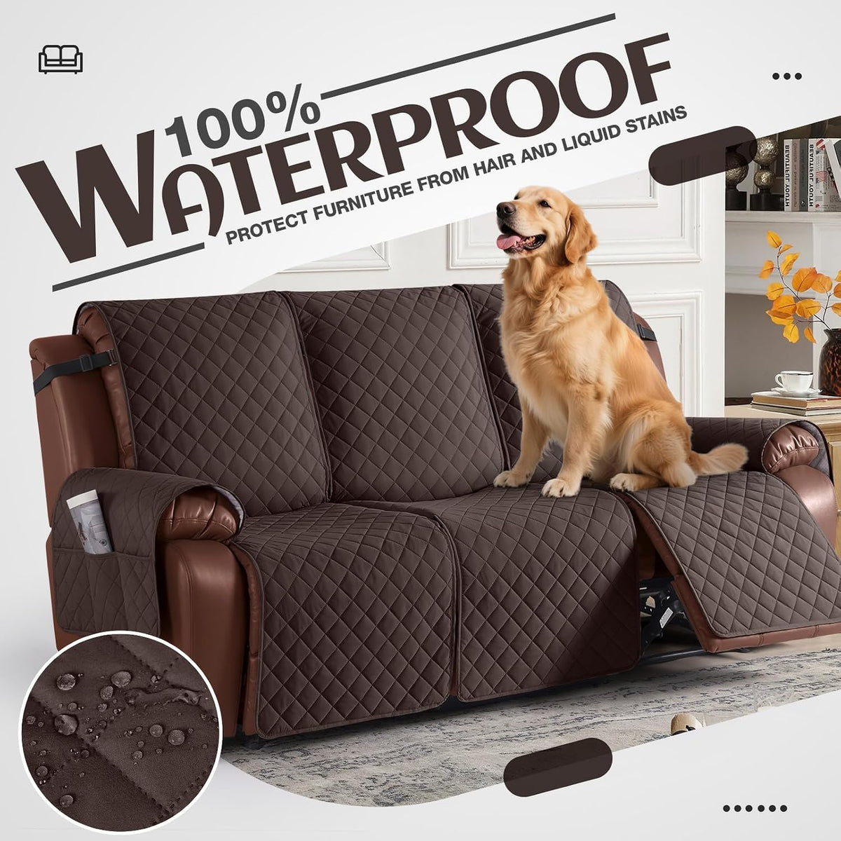 KinCam Waterproof Recliner Sofa Covers Washable, 3 Seater, Chocolate
