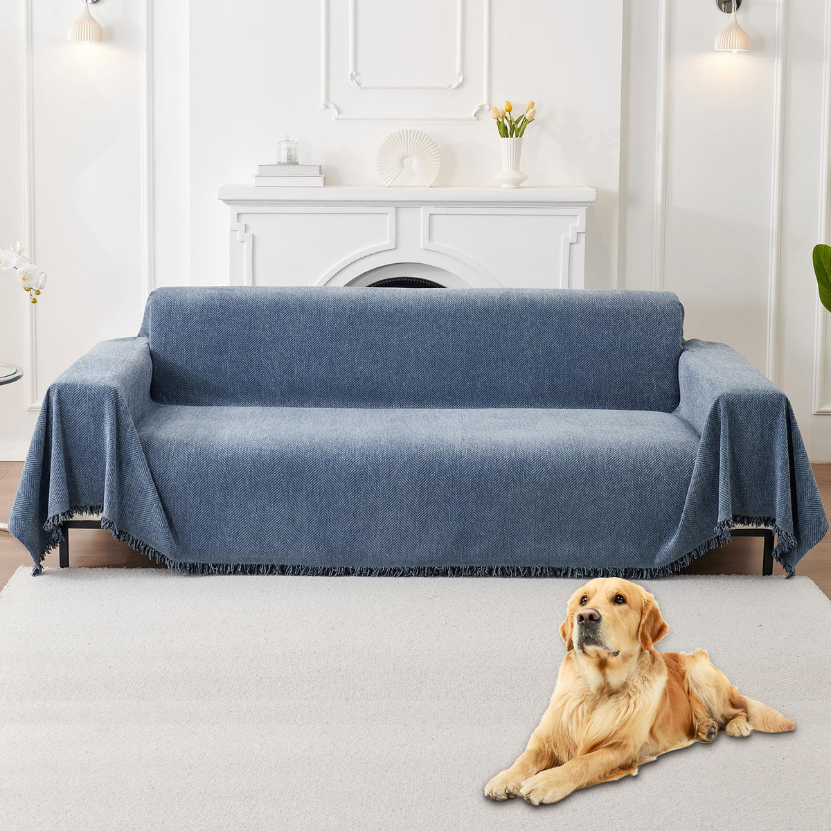 HAOMAIJIA Non Slip couch cover sofa covers for 3 cushion couch Washable sectional couch covers for Dogs pet Furniture Protector Couch Cover Blanket for Living Room (Off white, 91"x150")