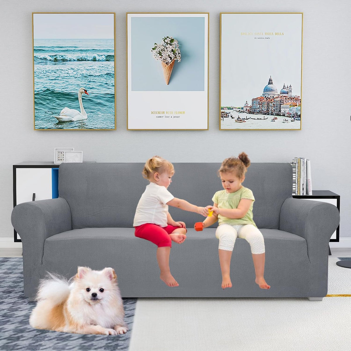 JIVINER High Stretch Couch Covers for 3 Cushion Couch 1-Piece Jacquard Sofa Slipcovers Fitted Washable Sofa Covers with Elastic Bottom Furniture Protector for Kids Pets (Sofa, Light Gray)
