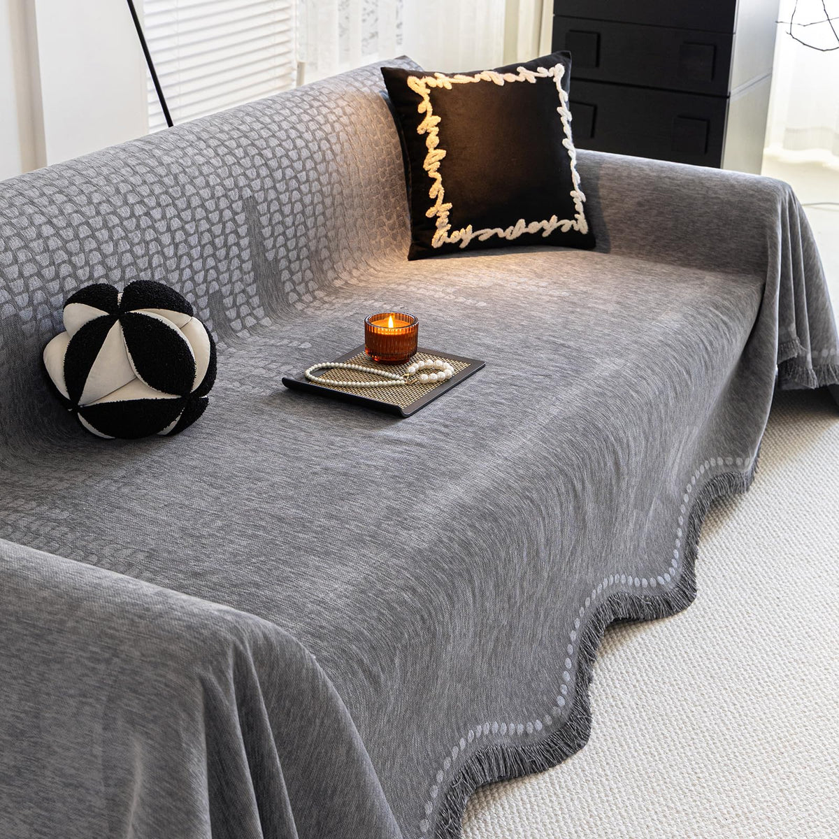 ROOMLIFE Thicked Striped Couch Cover with Tassel Blue Chenille Sofa Cover Blanket for Sectional Sofa, Soft Sofa Slipcovers for L Shaped Love Seat 2-3 Cushion Couch Anti Slip Sofa Protector, 71"x118"