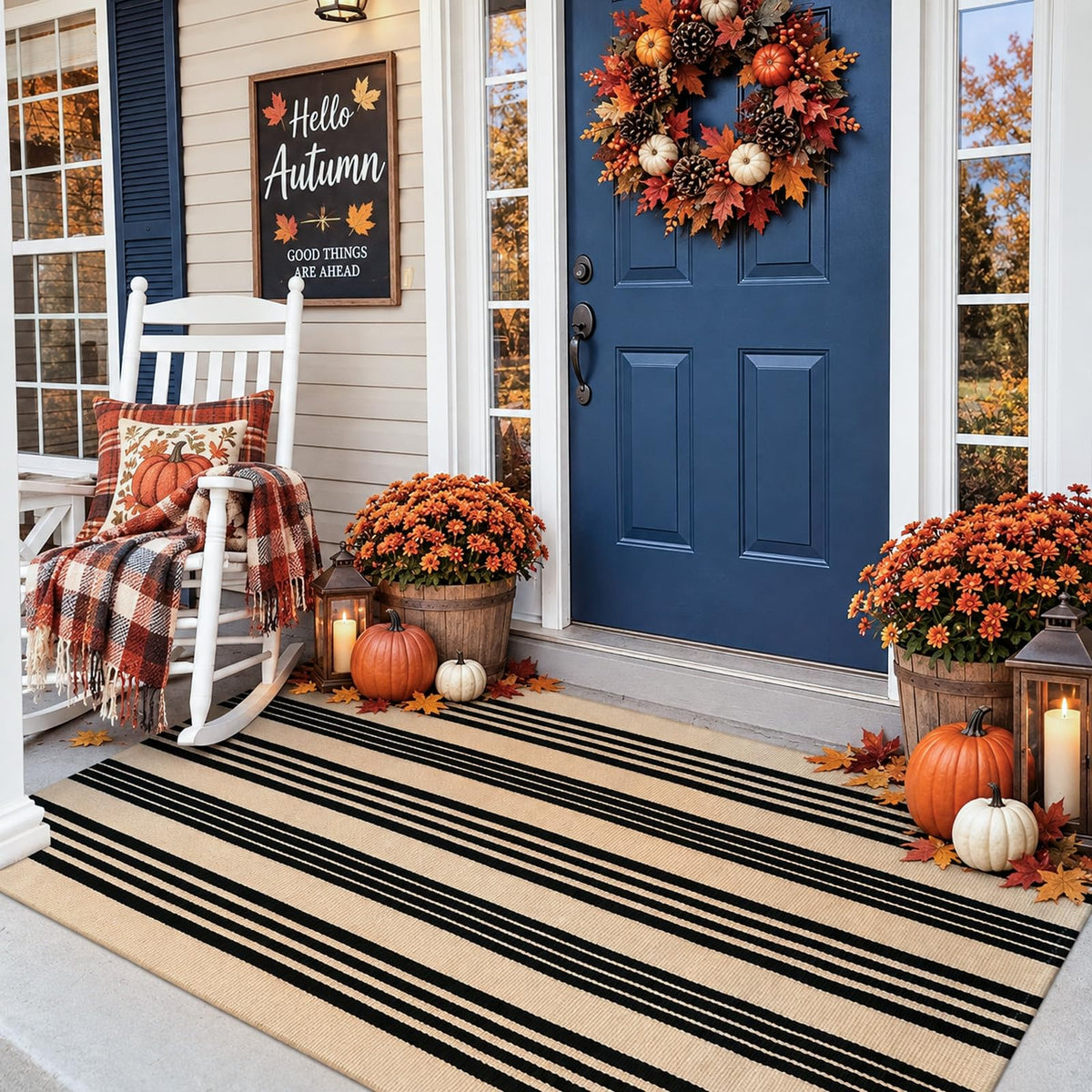 Striped Fall Door Mat 24"x51" Outdoor Rug Cotton Washable Fall Decor
