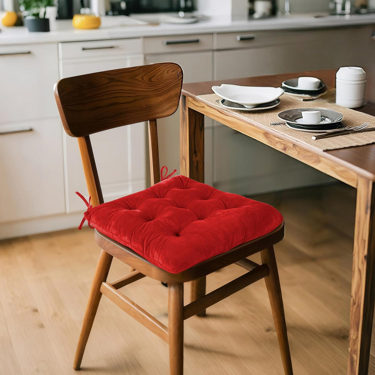 ELFJOY Set of 4 Square Chair Pads Indoor Seat Cushions Pillows with Ties Thick Soft Seat Cushion for Kitchen Dining Office Chair (18", Red)