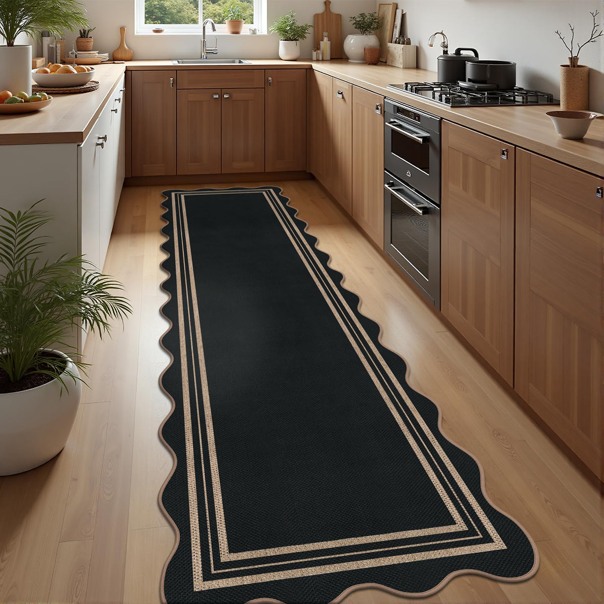 Easy Jute Black Entryway Rug, 2x3 Front Door Mat Washable Non Slip Small Kitchen Rug, Indoor Outdoor Farmhouse Scalloped Doormat for Porch Bathroom Doorway