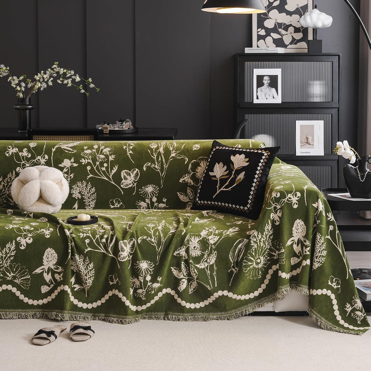 DREAMINGO Green Floral Couch Cover Farmhouse Botanical Jacquard Sofa Covers for 3 Cushion Couch Cozy Chenille Living Room Furniture Futon Sectional Sofa Slipcovers Washable, X-Large 71"x134"