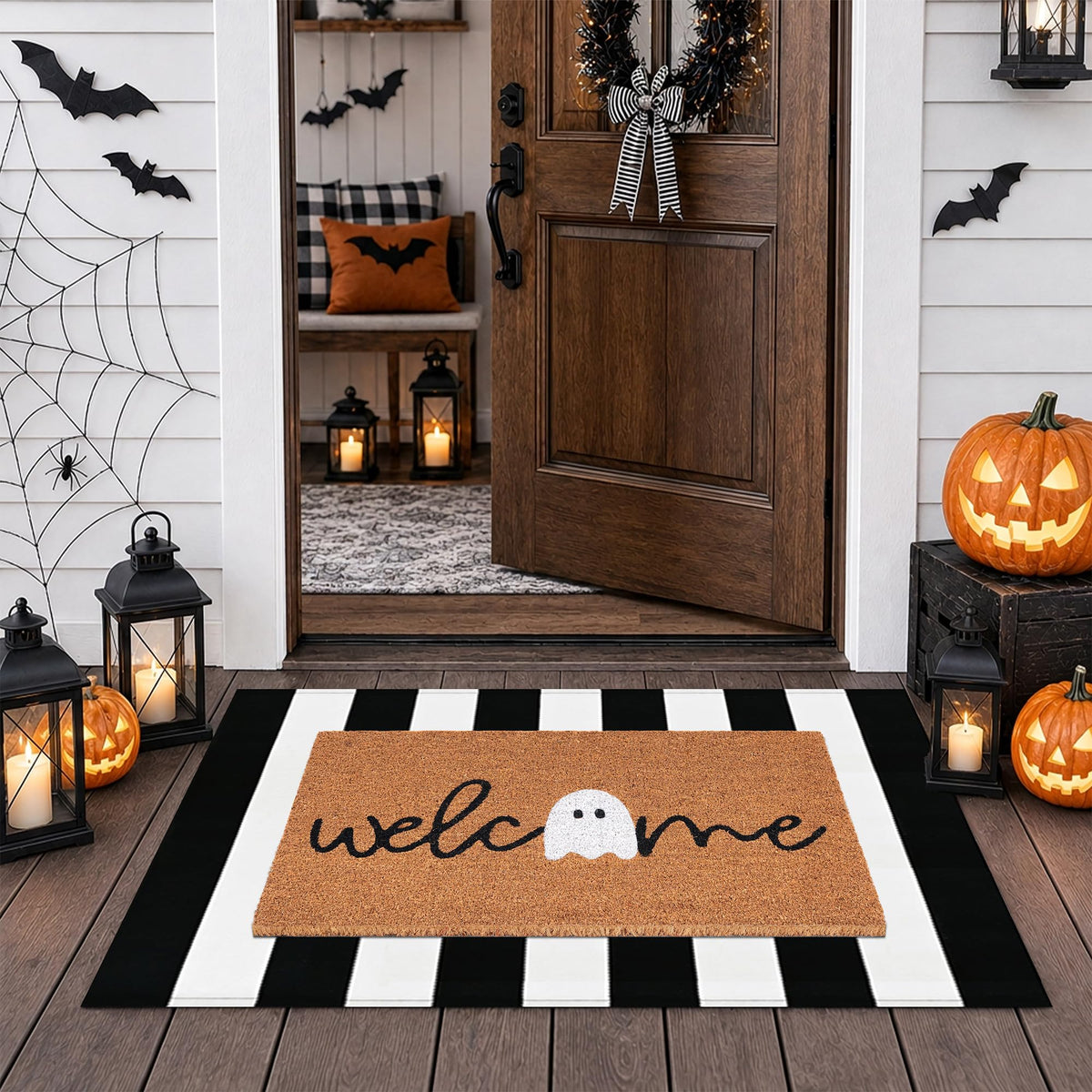 Halloween Door Mat Combo Set, Welcome Ghost Coco Coir Welcome Doormat + 28" x 43" Black and White Plaid Rug, Autumn Halloween Front Porch Entryway Decor Floor Mat