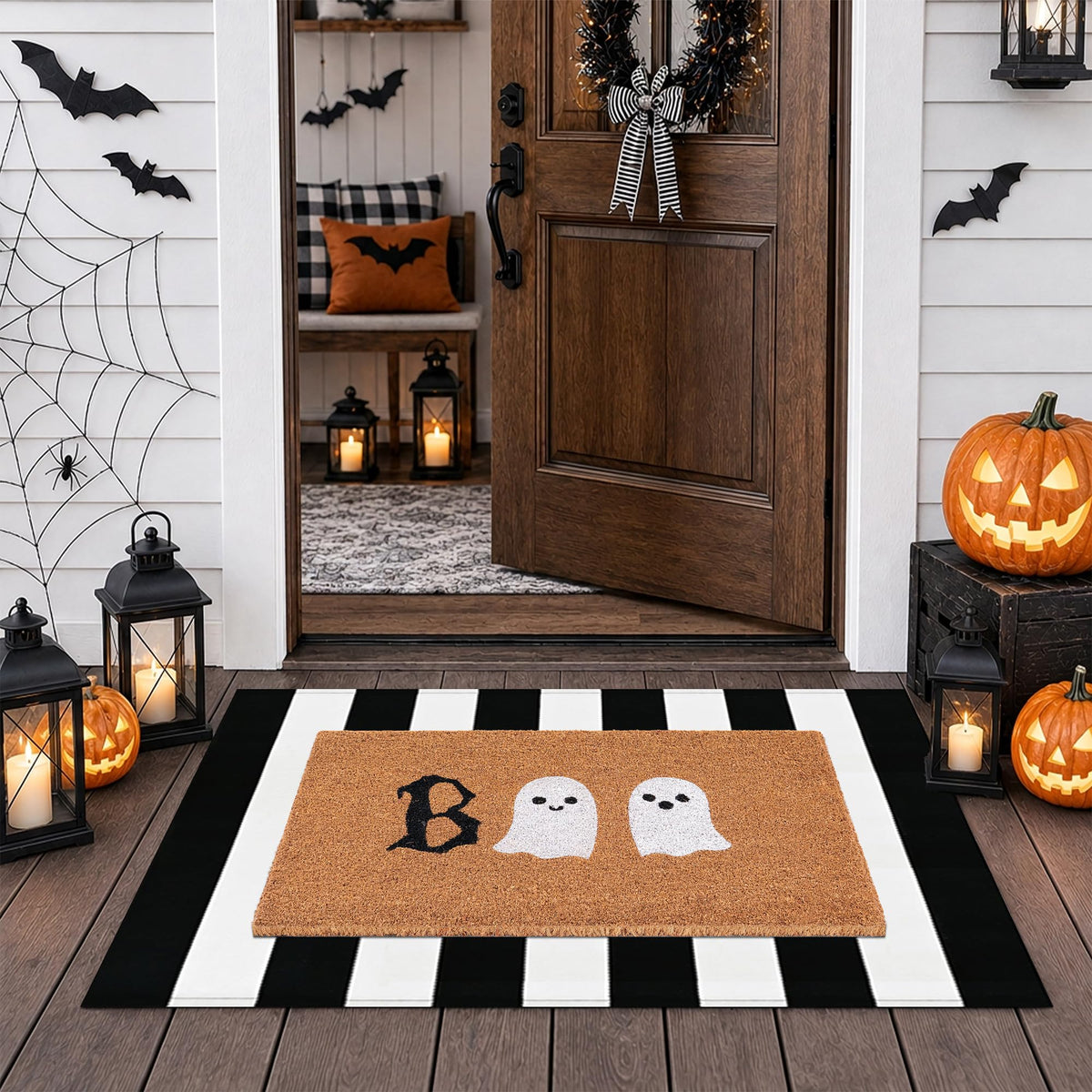 Halloween Door Mat Combo Set, Welcome Ghost Coco Coir Welcome Doormat + 28" x 43" Black and White Plaid Rug, Autumn Halloween Front Porch Entryway Decor Floor Mat