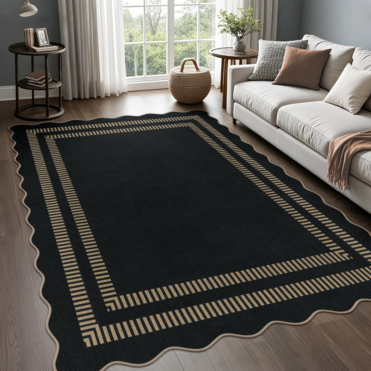 Easy Jute Black Entryway Rug, 2x3 Front Door Mat Washable Non Slip Small Kitchen Rug, Indoor Outdoor Farmhouse Scalloped Doormat for Porch Bathroom Doorway