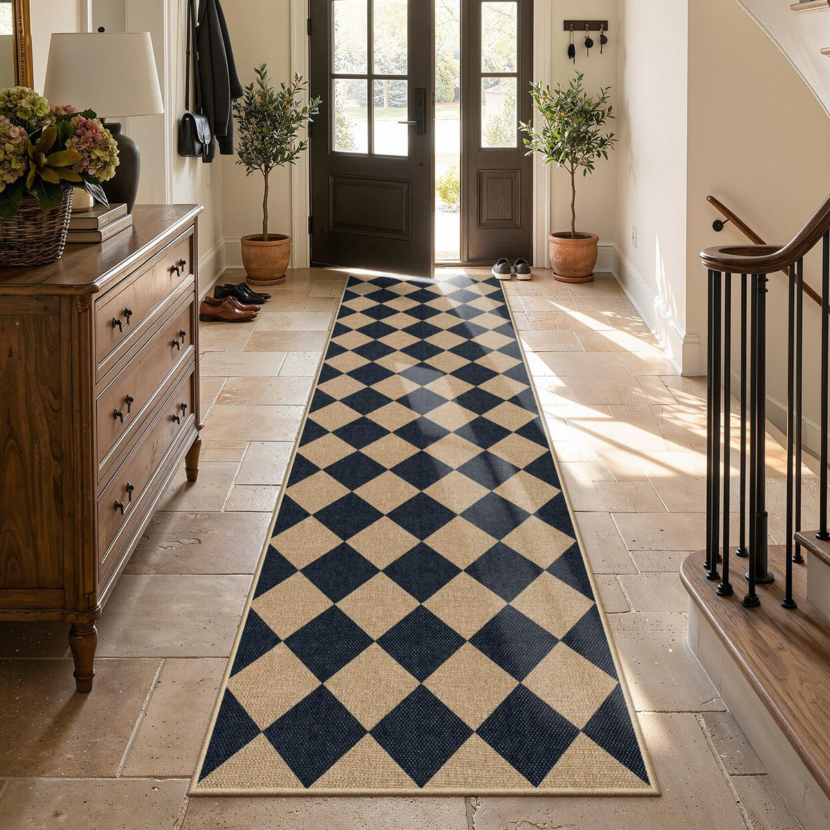 Lahome Checkered Easy Jute 3x5 Entryway Front Porch Rug, Black Diamond Indoor Outdoor Patio Layering Rug, Washable Farmhouse Neutral Non Slip Non Shedding Door Carpet for Backyard Blacony