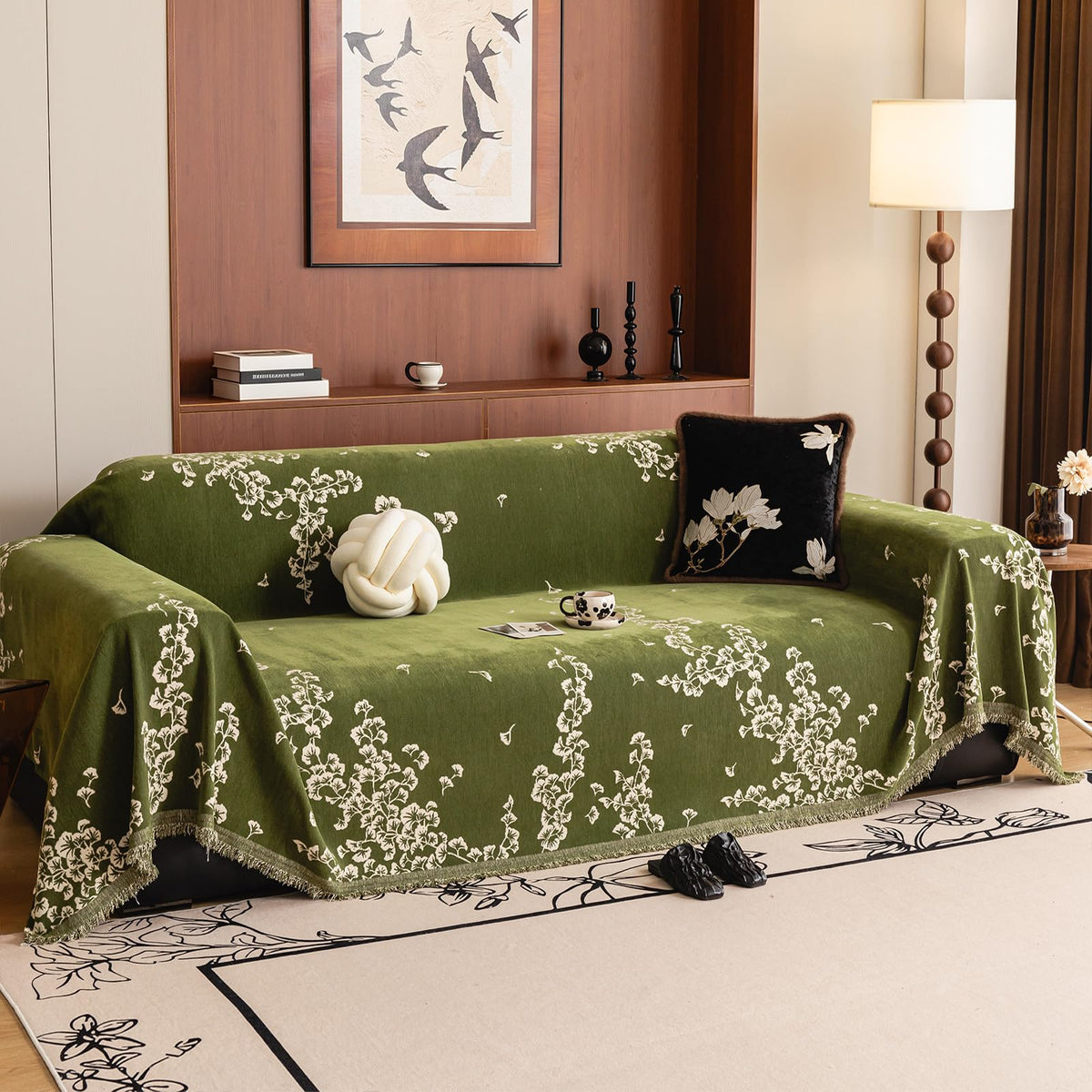 DREAMINGO Green Floral Couch Cover Farmhouse Botanical Jacquard Sofa Covers for 3 Cushion Couch Cozy Chenille Living Room Furniture Futon Sectional Sofa Slipcovers Washable, X-Large 71"x134"