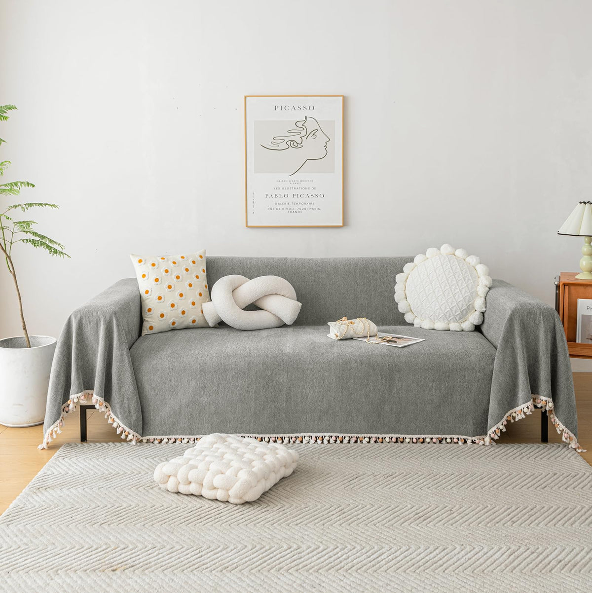 HANDONTIME Green Sofa Cover Vintage Couch Cover for Dogs 71" X118" Couch Cushion Covers with Tassel Herringbone Sofa Cover Boho Sofa Covers for 3 Cushion Couch Chenille Soft Loveseat Sofa Covers