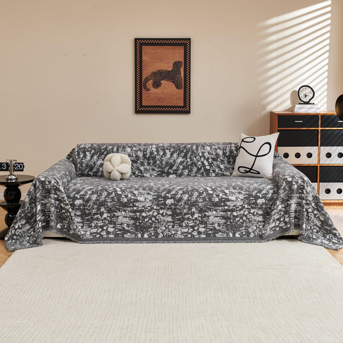 MYSKY HOME Boho Couch Cover Beige Sofa Covers with White Tassel Farmhouse Sofa Slipcover Simple Couch Protector for Dogs Chenille Sectional Couch Covers L Shaped Couch Cushion Covers, 91"x 134"