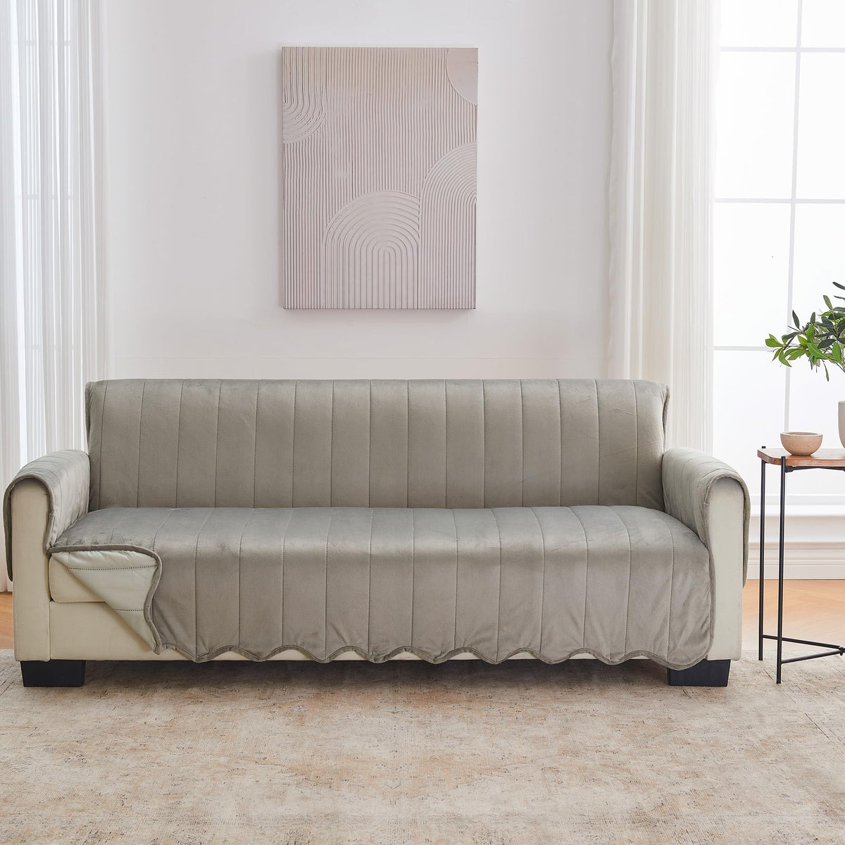 Great Bay Home Reversible Patchwork Sofa Cover - Washable Slipcover Furniture Protector with Elastic Straps - Perfect for Kids & Pets - Box-Stitched Detail (Taupe)