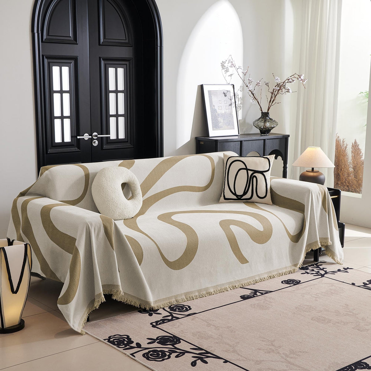 MYSKY HOME Boho Couch Cover Beige Sofa Covers with White Tassel Farmhouse Sofa Slipcover Simple Couch Protector for Dogs Chenille Sectional Couch Covers L Shaped Couch Cushion Covers, 91"x 134"