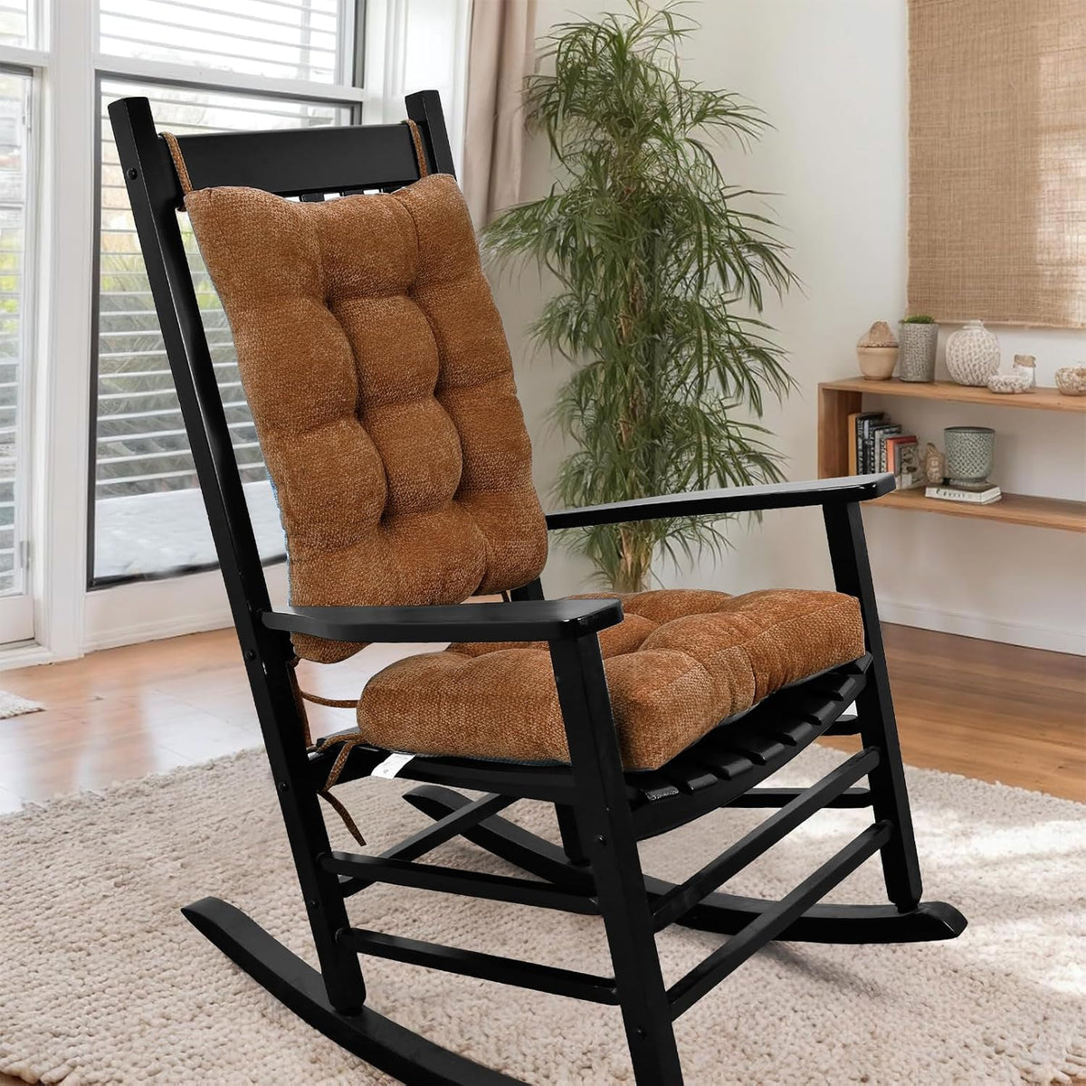 Rocking Chair Cushion for Elderly Sitting, Back Pillow & Seat Cushion with Ties, Luxury Chenille Fabric Non-Slip Chair Pad for Rocker, Champagne, 21.6x17x2/ 17x17x3