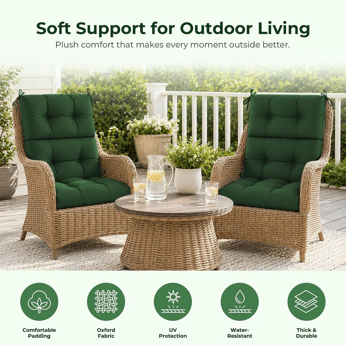Outdoor Chair Cushion, Waterproof High Back Chair Cushion, Green