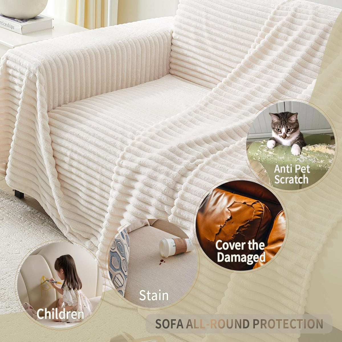 Pet-Friendly Non-Slip SofaCover,71"*118" Off White,Washable Stain Resistant