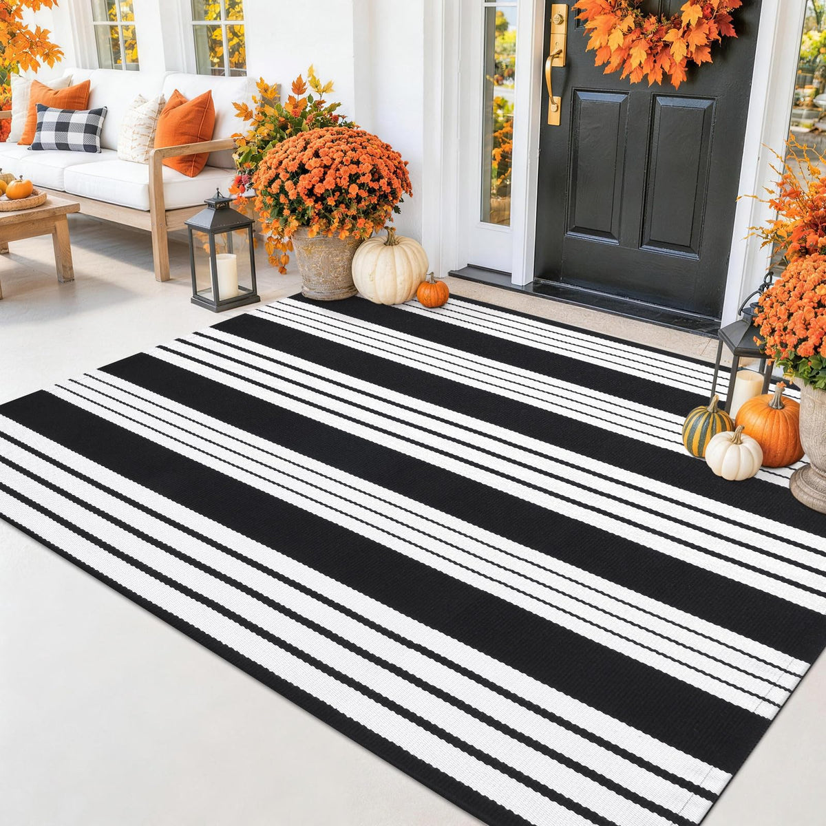Smiry Black and White Striped Entryway Rug, Front Door Mat and Porch Decor