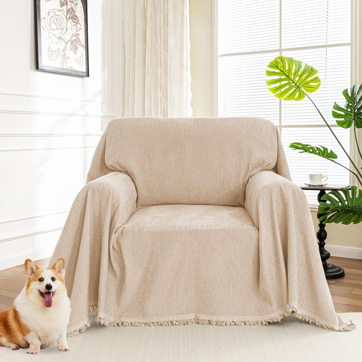 MYSKY HOME Boho Couch Cover Beige Sofa Covers with White Tassel Farmhouse Sofa Slipcover Simple Couch Protector for Dogs Chenille Sectional Couch Covers L Shaped Couch Cushion Covers, 91"x 134"