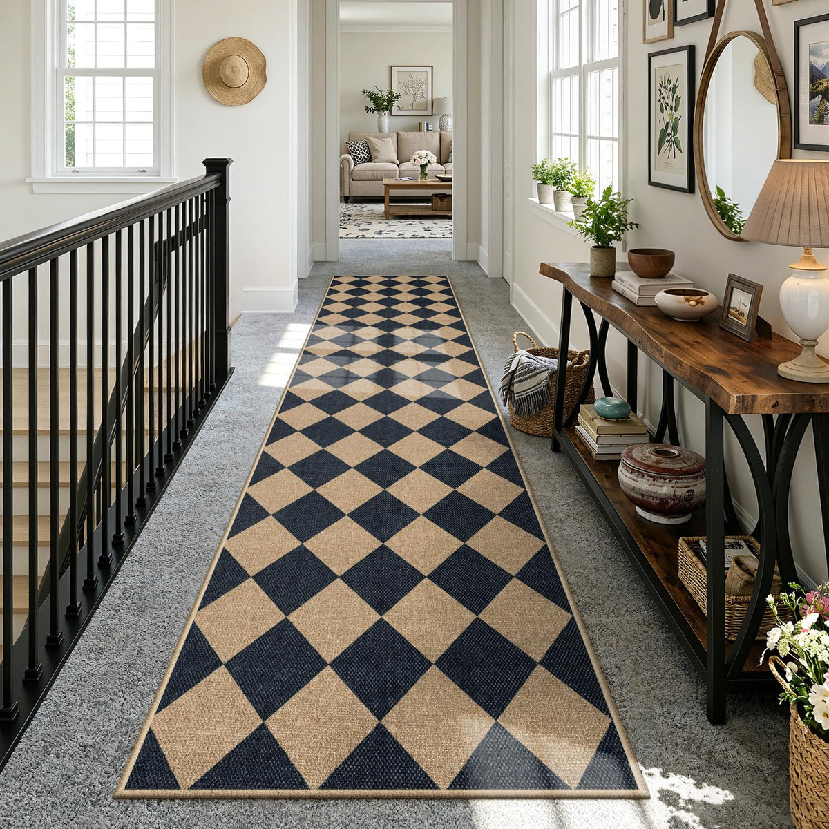 Lahome Checkered Easy Jute 3x5 Entryway Front Porch Rug, Black Diamond Indoor Outdoor Patio Layering Rug, Washable Farmhouse Neutral Non Slip Non Shedding Door Carpet for Backyard Blacony