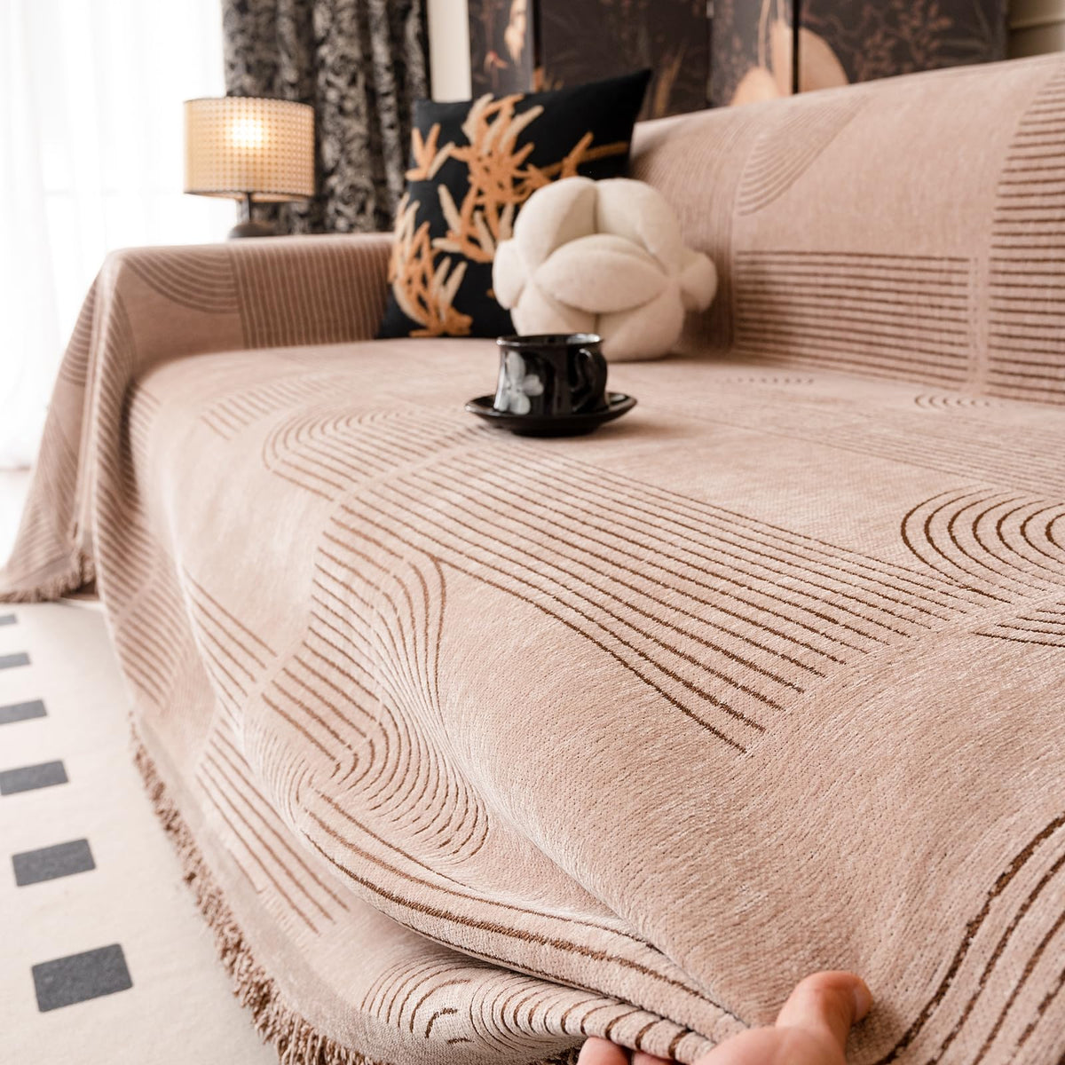 ROOMLIFE Thicked Striped Couch Cover with Tassel Blue Chenille Sofa Cover Blanket for Sectional Sofa, Soft Sofa Slipcovers for L Shaped Love Seat 2-3 Cushion Couch Anti Slip Sofa Protector, 71"x118"