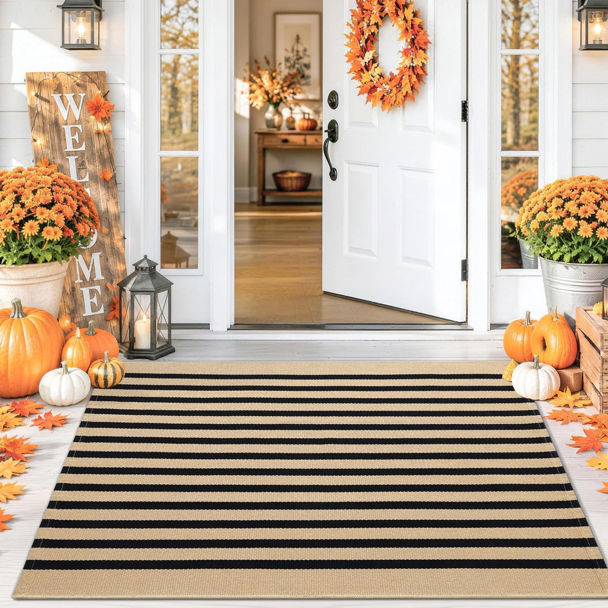 Smiry Black and White Striped Entryway Rug, Front Door Mat and Porch Decor
