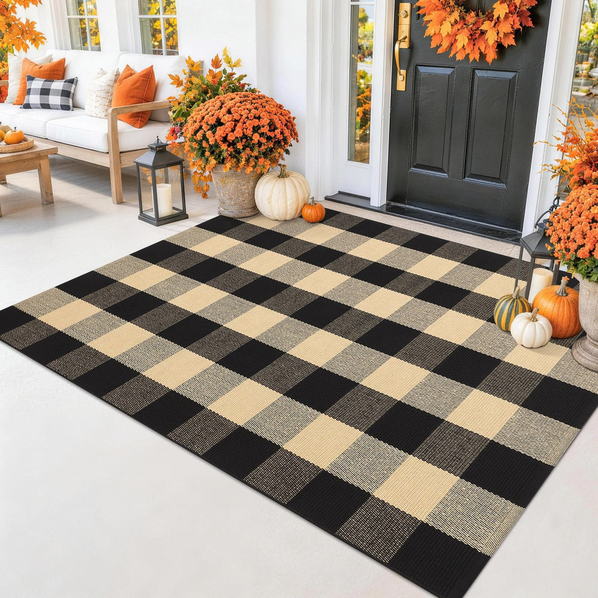 Smiry Black and White Striped Entryway Rug, Front Door Mat and Porch Decor