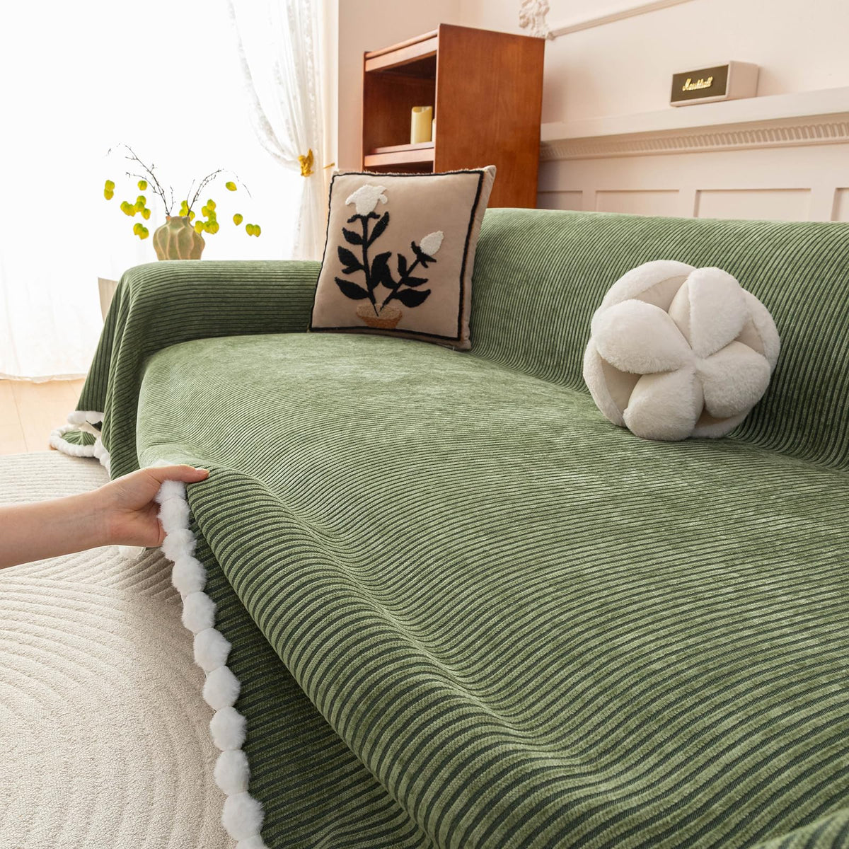 HANDONTIME Green Sofa Cover Vintage Couch Cover for Dogs 71" X118" Couch Cushion Covers with Tassel Herringbone Sofa Cover Boho Sofa Covers for 3 Cushion Couch Chenille Soft Loveseat Sofa Covers