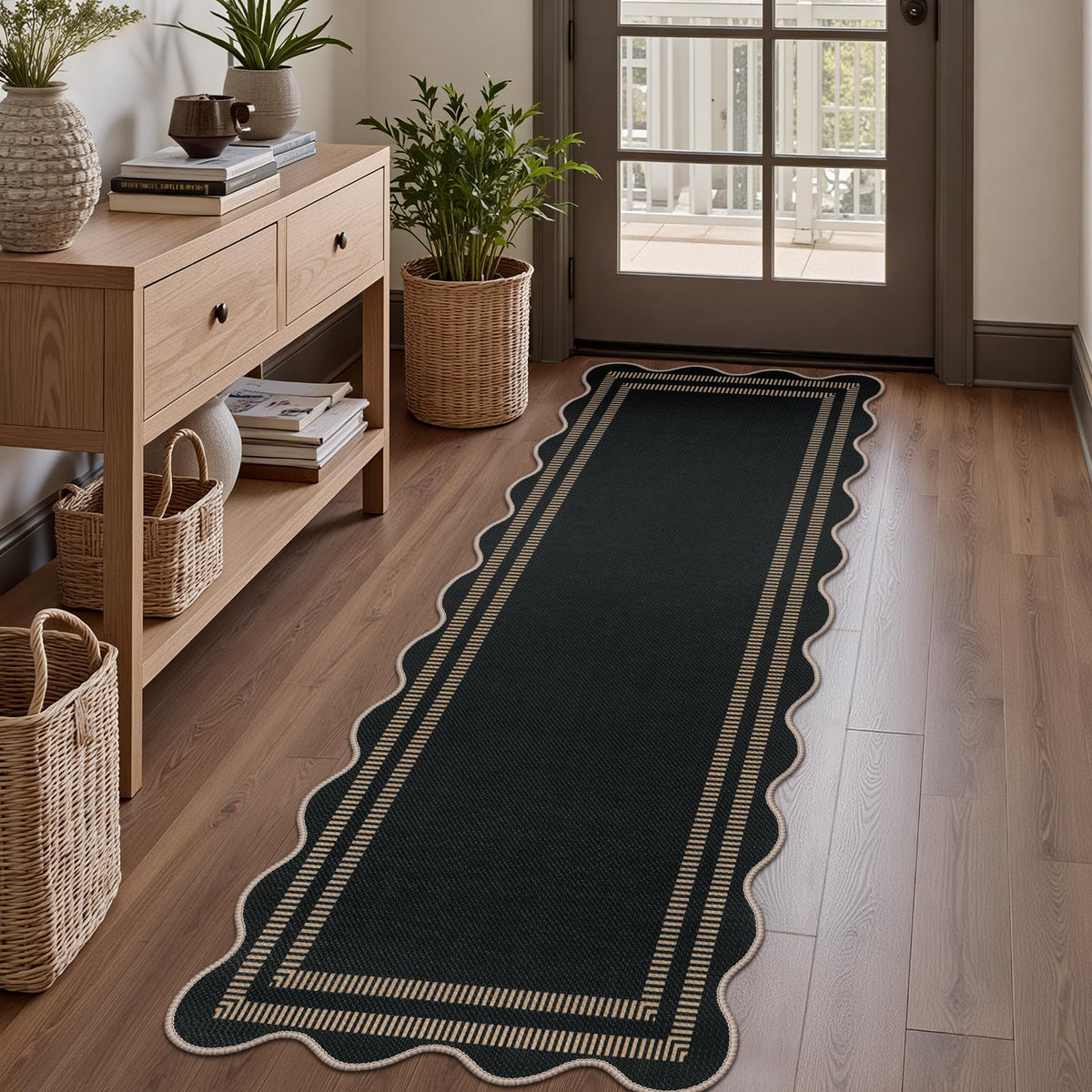 Easy Jute Black Entryway Rug, 2x3 Front Door Mat Washable Non Slip Small Kitchen Rug, Indoor Outdoor Farmhouse Scalloped Doormat for Porch Bathroom Doorway